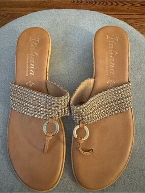Gold Braided Strap Tan Slide Sandals